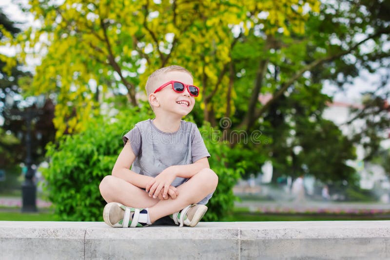 Happy Little Boy with Glasses in the Park Stock Photo Image of