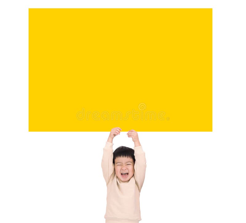 Happy Little boy holding empty yellow board royalty free stock image