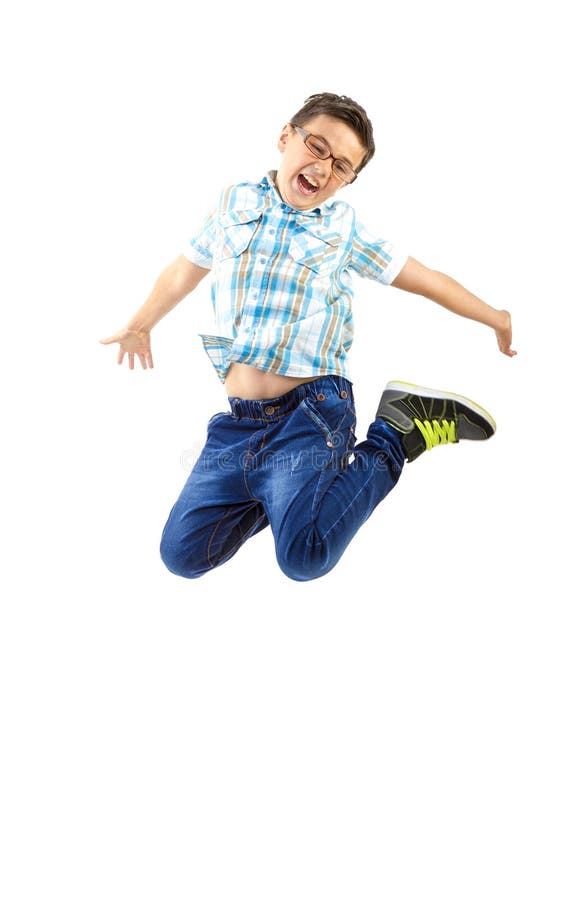 Excited 8year Old Mixed Race Boy Jumping On White Stock Photo - Download  Image Now - Child, Jumping, White Background - iStock