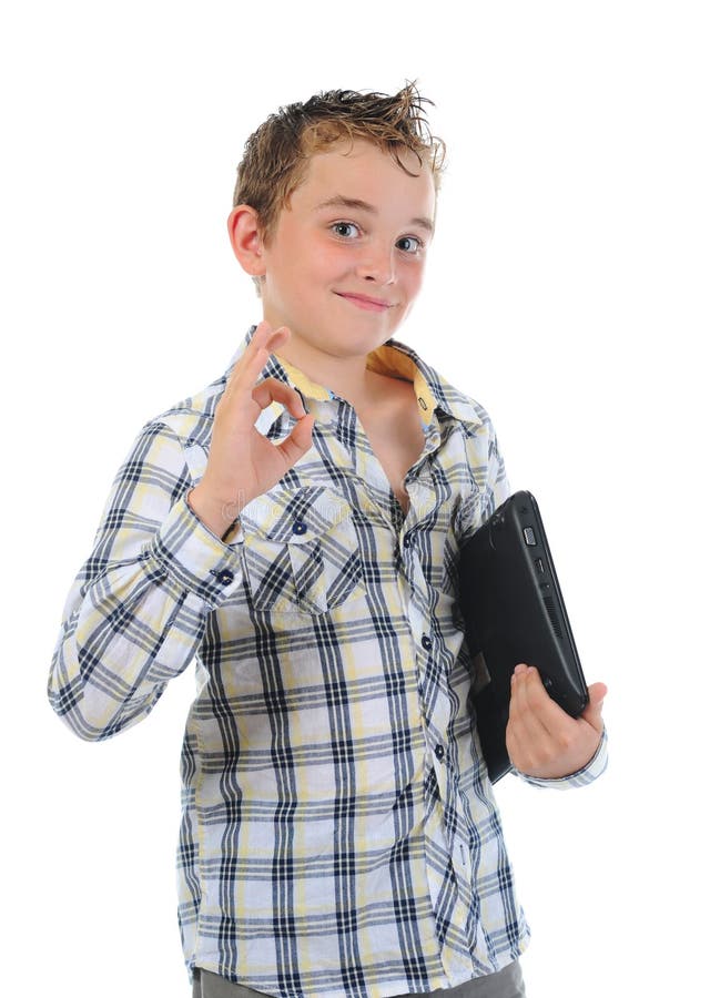 Happy little boy with laptop.