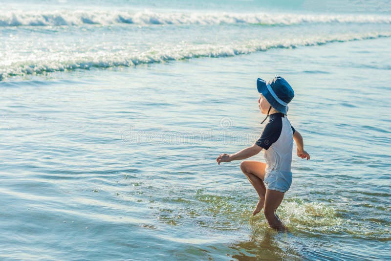 Happy Little Boy Running on Sand Tropical Beach Stock Photo - Image of ...