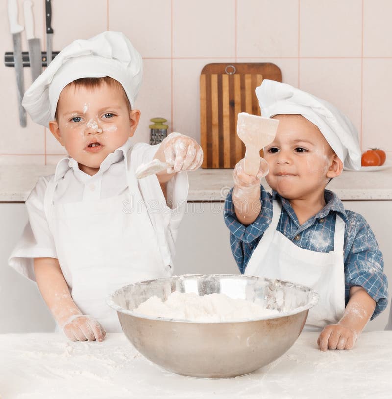 Happy Little Chefs Preparing Dough in the Kitchen Stock Image - Image ...