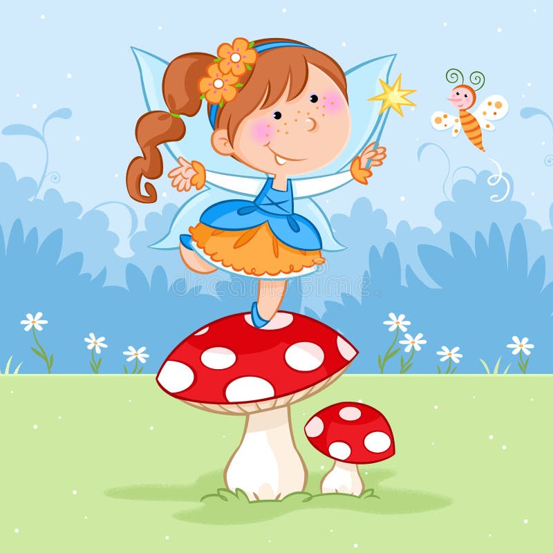 Happy Little Fairy Dancing on the Red Mushroom and Lovely Butterfly ...