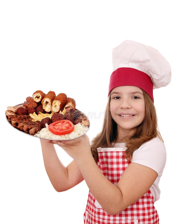 Little girl cook with mixed grilled meat royalty free stock images Little girl cook with mixed grilled meat royalty free stock images