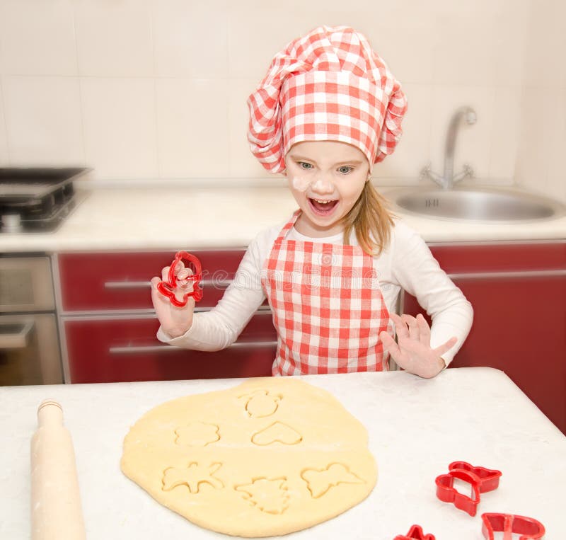 Happy Little Girl Cuts Dough Form Cookies Stock Photos Free & Royalty