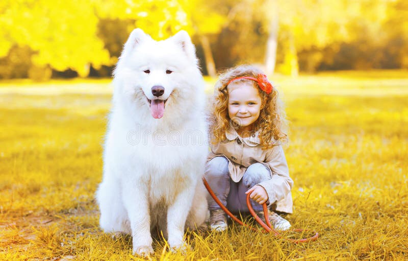 Happy little girl and dog having fun in sunny autumn day