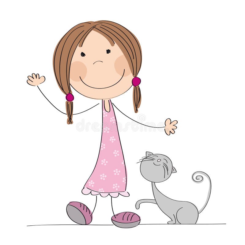 Happy little girl with her grey cat royalty free illustration Happy little girl with her grey cat royalty free illustration