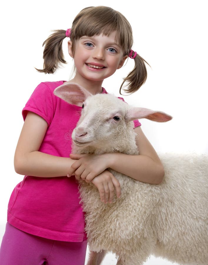 Happy Little Girl With Sheep Stock Image Image of portrait, breed