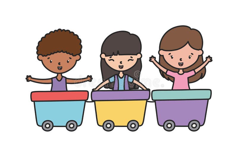 Happy Little Kids Playing with Wagon Train Stock Vector Illustration