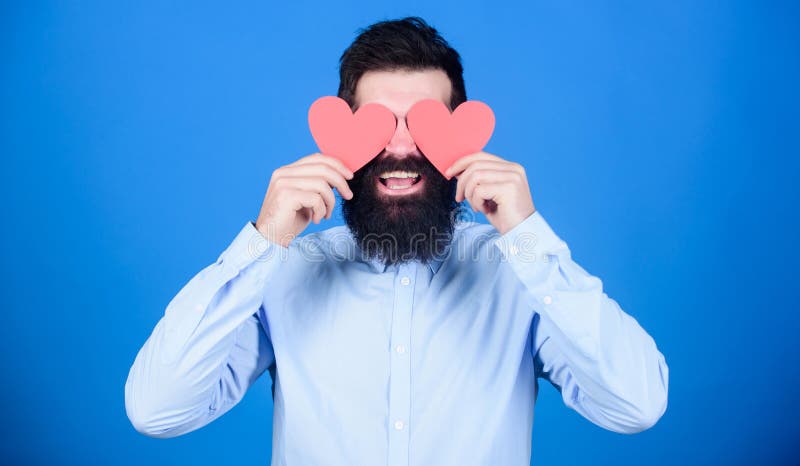 Happy In Love Making Man Feel Loved Man Bearded Hipster With Heart Valentine Card Celebrate