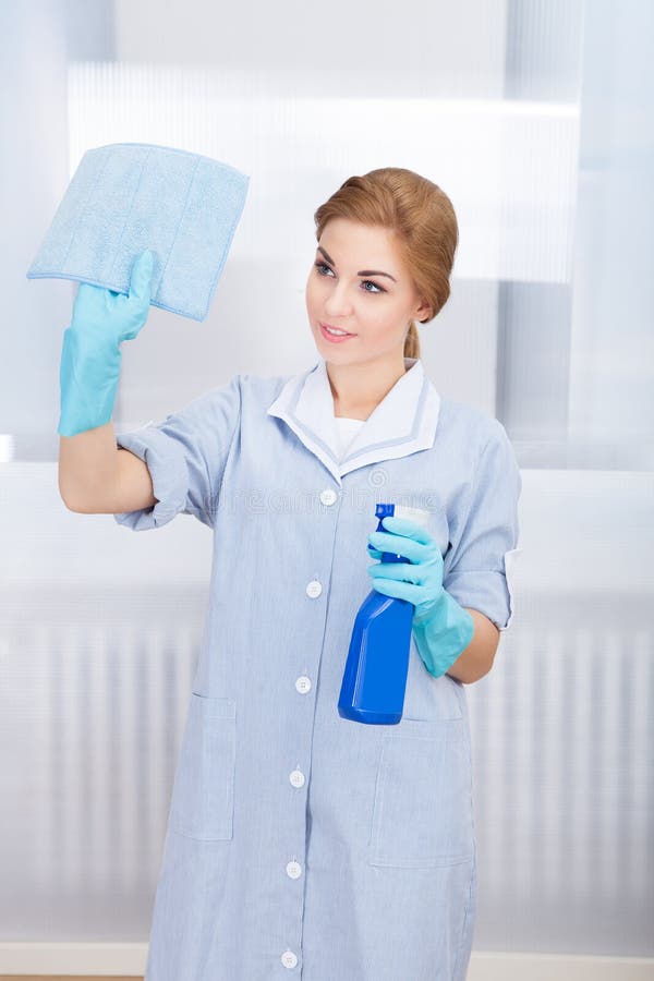 Happy Maid Cleaning Glass royalty free stock images