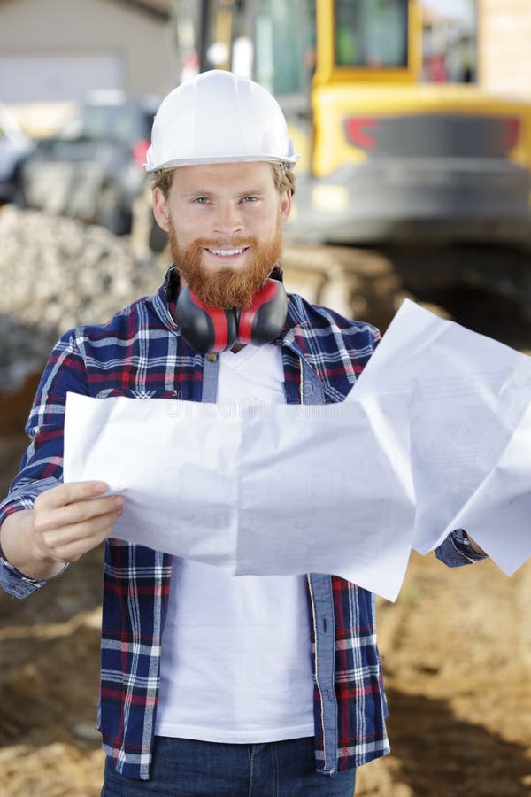 Happy Male Builder in Hard Hat Plan Building Stock Photo Image of