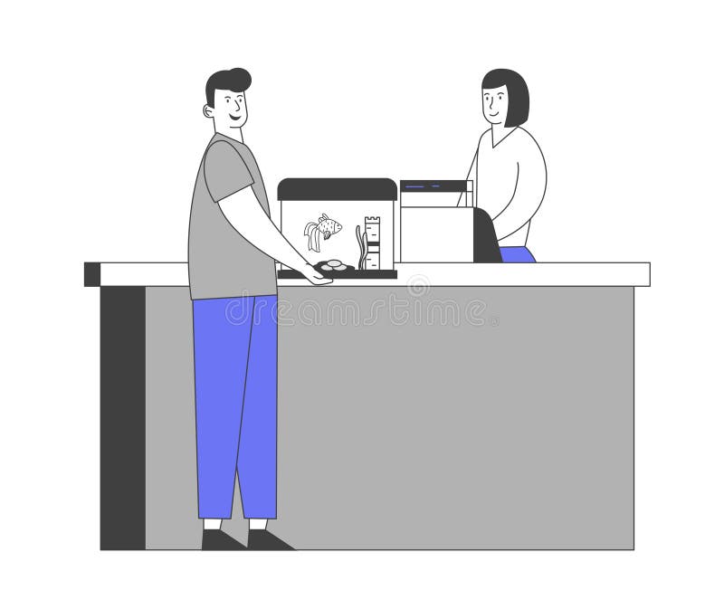 Happy Male Character Stand At Counter Desk In Pet Shop Paying To