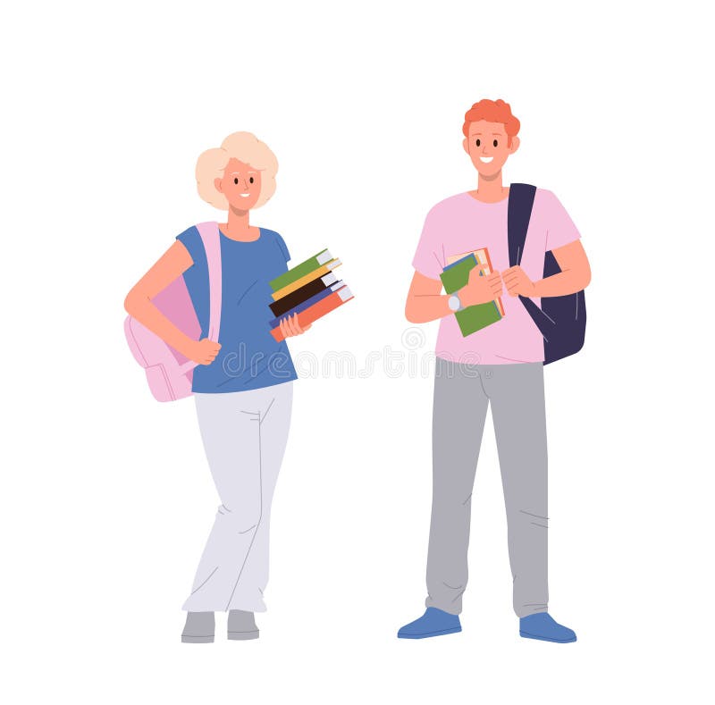 Happy smiling male and female student cartoon characters in casual clothes holding books stack and backpacks standing isolated on white background. Teenager people, college friends vector illustration. Happy smiling male and female student cartoon characters in casual clothes holding books stack and backpacks standing isolated on white background. Teenager people, college friends vector illustration