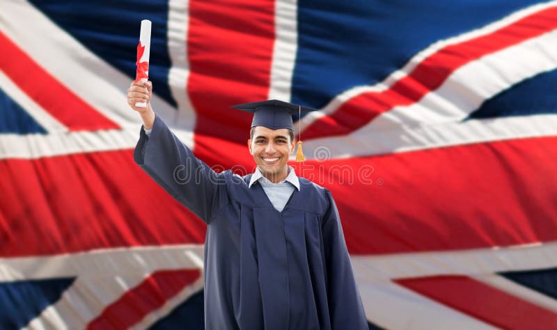 Happy male student with diploma over british flag royalty free stock photos Happy male student with diploma over british flag royalty free stock photos