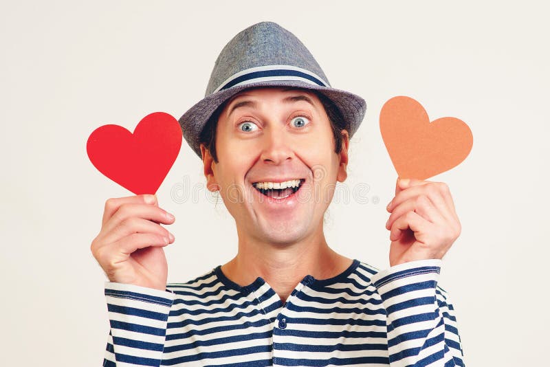 Happy Man Being In Love Handsome Guy Holding Heart Shaped Valentine