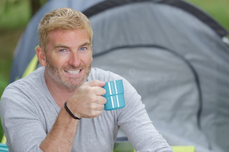 Happy Man Camping in Mountains on Lake Stock Image - Image of isolation ...