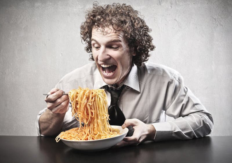 Happy Man Eating Spaghetti stock photo. Image of caucasian 26960362
