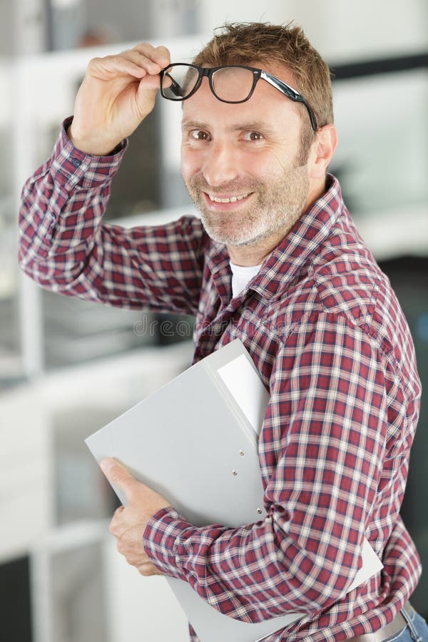Happy Man in Glasses Folder with Documents Coin in Hand Stock Image