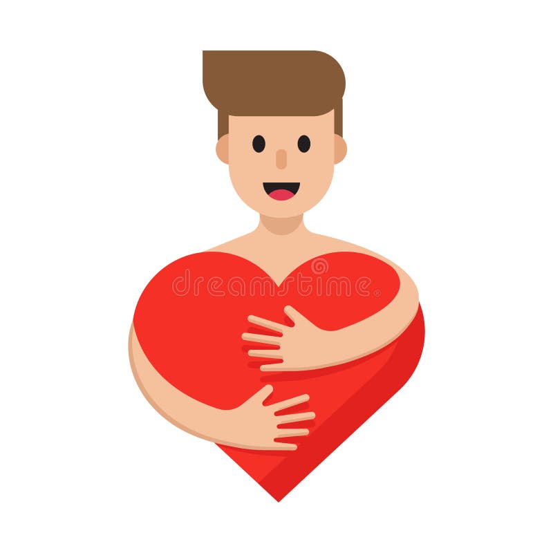 Happy man hugging red heart. Character and heart flat vector illustration