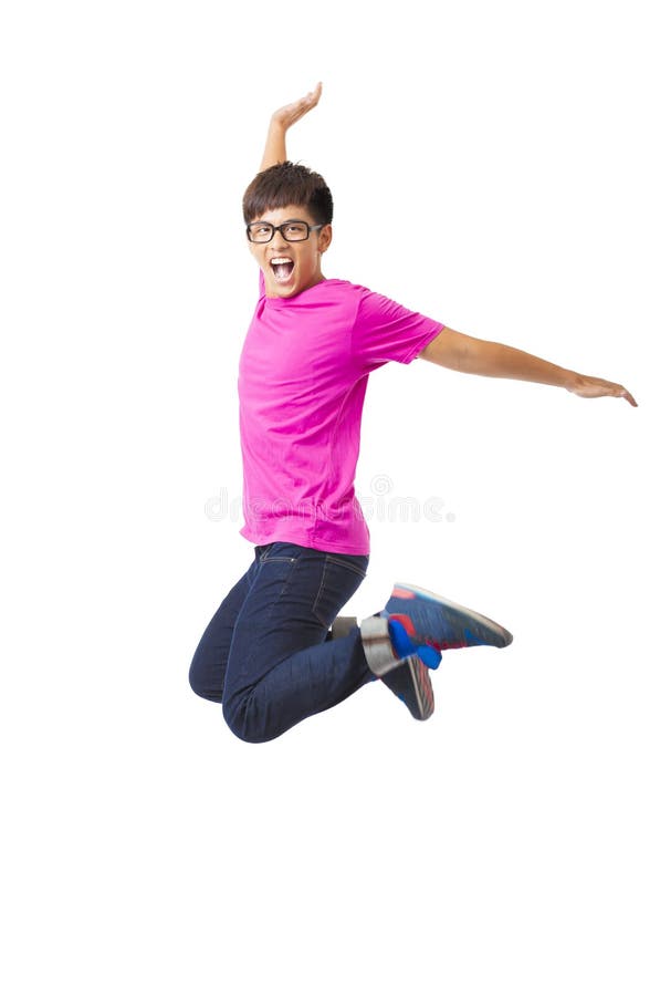 happy man jumping and isolated on white
