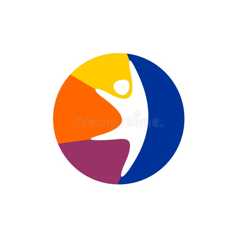Happy man logo. Jumping man with colorful vibrant ball. stock illustration