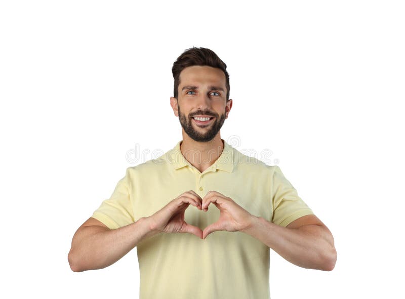 Happy man making heart with hands on white background