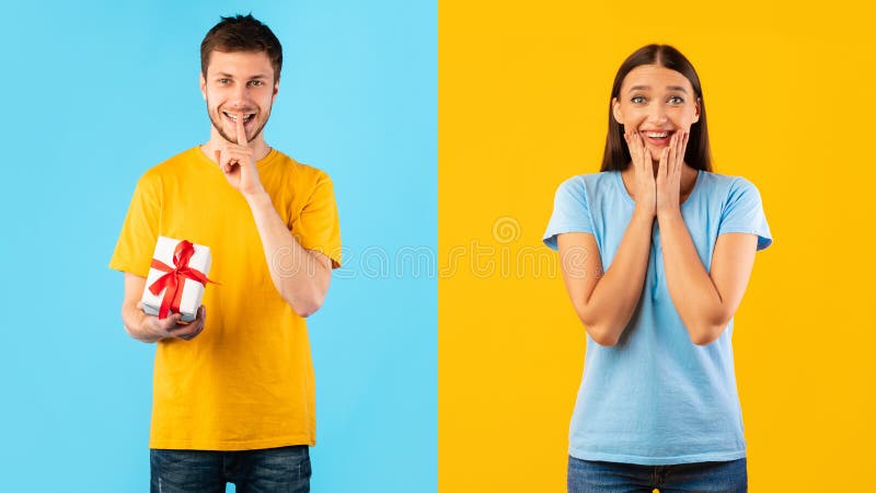 Surprise Gift. Portrait of smiling young guy holding wrapped present box and showing silence sign, isolated over blue and yellow studio background, excited lady waiting for the greeting. Surprise Gift. Portrait of smiling young guy holding wrapped present box and showing silence sign, isolated over blue and yellow studio background, excited lady waiting for the greeting