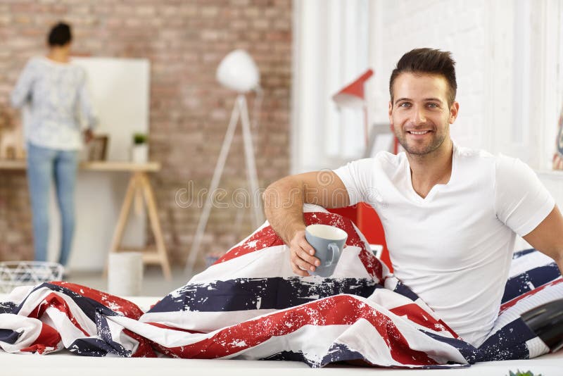 Happy man in the morning stock photos