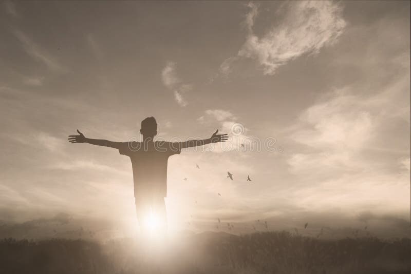 Happy Man Rise Hand Worship God in Morning View. Christian Spirit