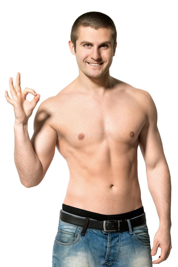 Happy man shirtless showing OK sign