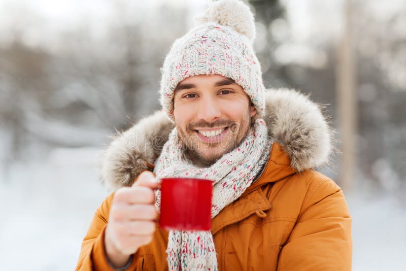Happy Man with Tea Cup Outdoors in Winter Stock Photo - Image of male ...