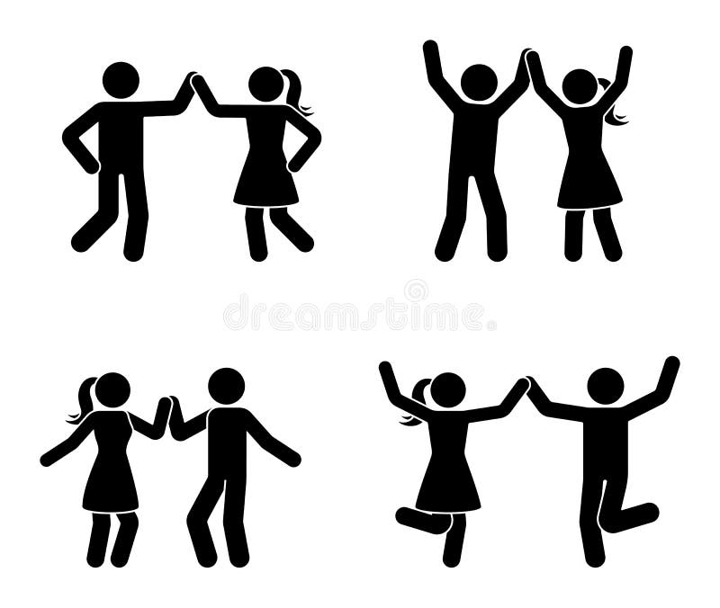 Happy man and woman stick figure dancing together. Black and white couple enjoy party icon.