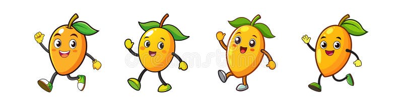 Happy Mango Cartoon Characters Running and Waving Isolated vector illustration