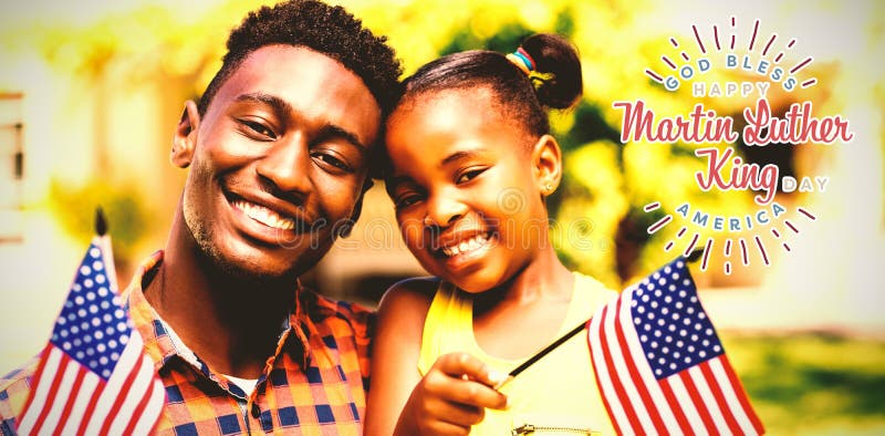 happy Martin Luther King day, god bless america against portrait of smiling father and daughter holding american flags. happy Martin Luther King day, god bless america against portrait of smiling father and daughter holding american flags