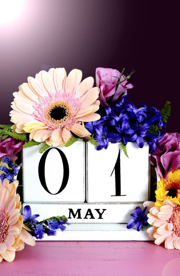 Happy May Day Calendar with Flowers. Stock Image Image of table