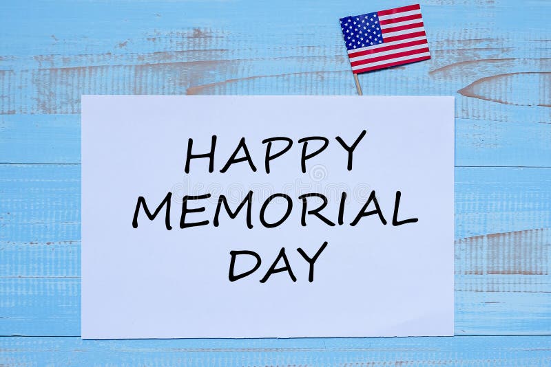 Happy Memorial day with flag of the United States of America on blue wooden background stock photos Happy Memorial day with flag of the United States of America on blue wooden background stock photos