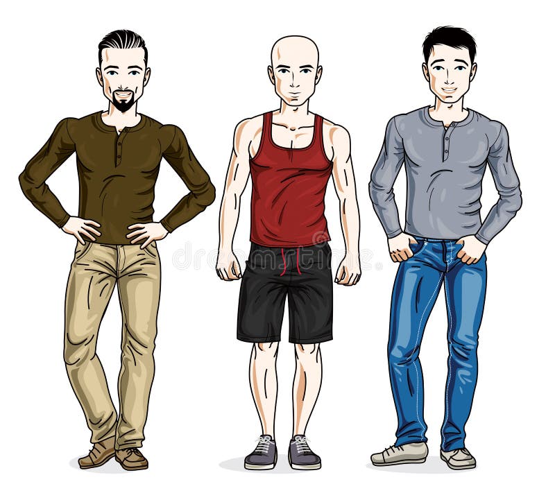 Happy Men Group Standing Wearing Casual Clothes. Vector People I Stock ...