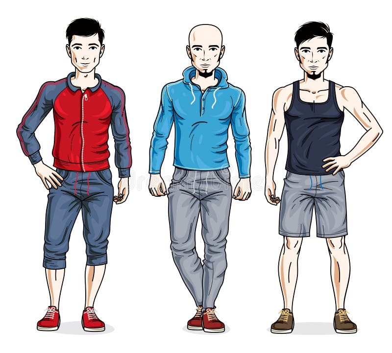 Happy Men Group Standing Wearing Stylish Sport Clothes. Vector D Stock ...