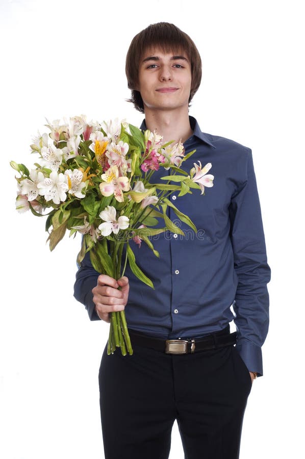 Happy Men Hold Bouquet of Flowers Stock Photo Image of smiling