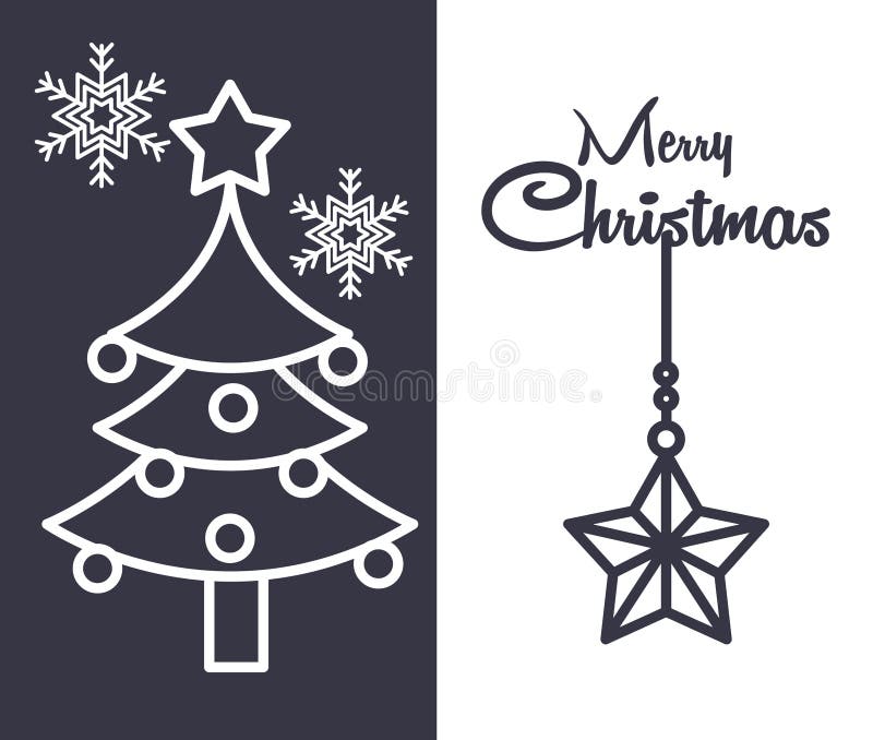 Happy merry christmas, greeting card tree star snowflakes line icon