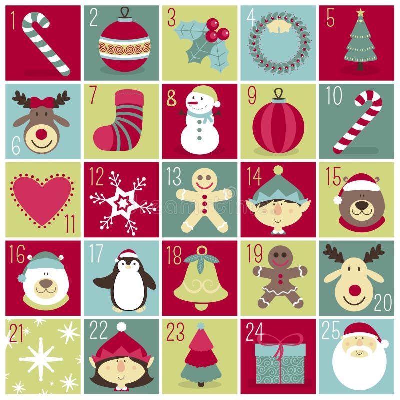 Happy Merry Christmas Hand Drawn Festive Advent Calendar Vector Stock