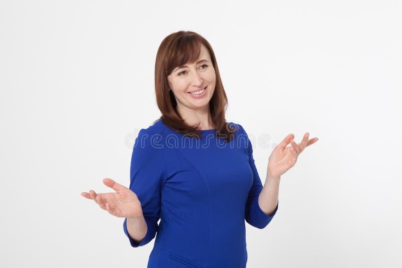 Happy middle aged woman on white background. Blue blank shirt with copy space. Menopause. Mothers day. Education time.
