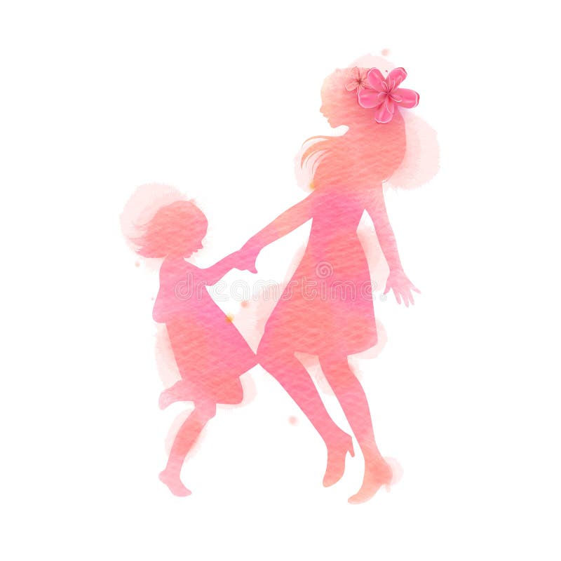 Happy mom and girl dancing silhouette on watercolor background. Mother and daughter. Happy mother`s day. Digital art painting.