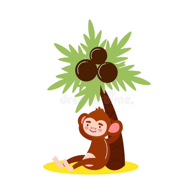 Happy Monkey Sitting Under Palm Tree with Coconuts Vector Illustration  Stock Vector - Illustration of face, baby: 174065324