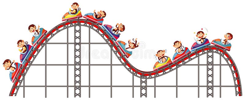 Happy monkeys riding on roller coaster on white background