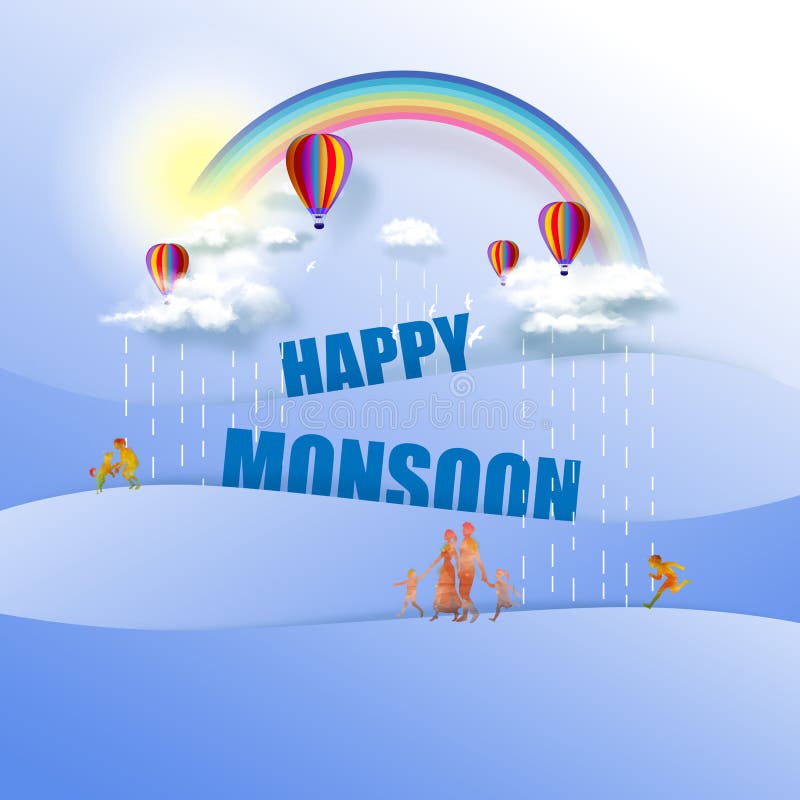 Happy Monsoon Poster Or Sale Banner Template Design. Hot air balloons in cloudy sky with rainbow on good weather background. royalty free illustration Happy Monsoon Poster Or Sale Banner Template Design. Hot air balloons in cloudy sky with rainbow on good weather background. royalty free illustration