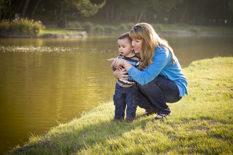 Happy Mother and Baby Son Looking Out at Lake Stock Image Image of
