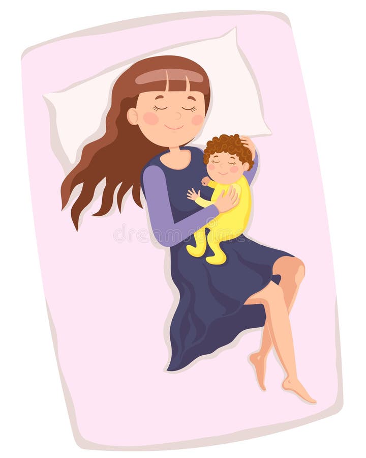Happy Mother with Child Hug Rest, Sleeping on Bed. Stock Vector -  Illustration of characters, cosy: 216528298