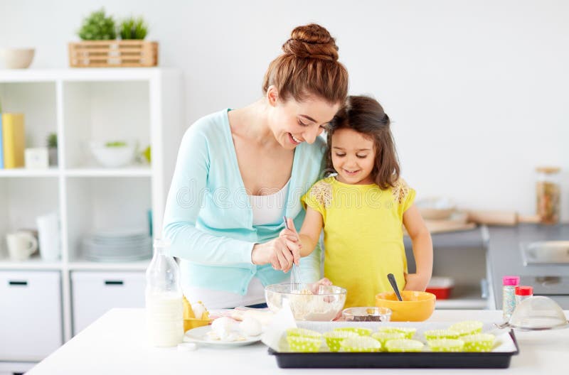 Happy mother and daughter baking muffins at home